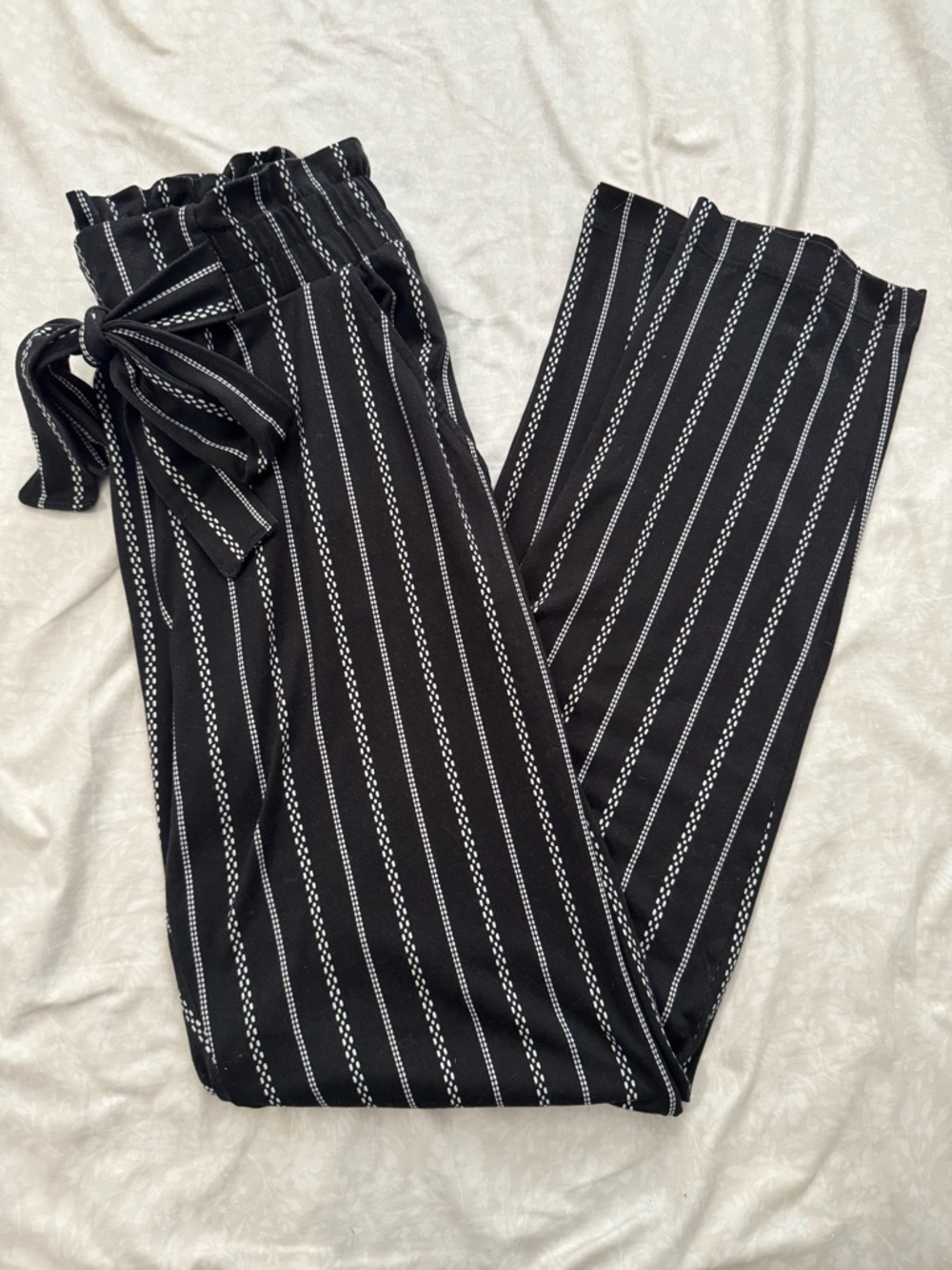 Joe B Black and White Striped Paperbag Wide-Leg Pants